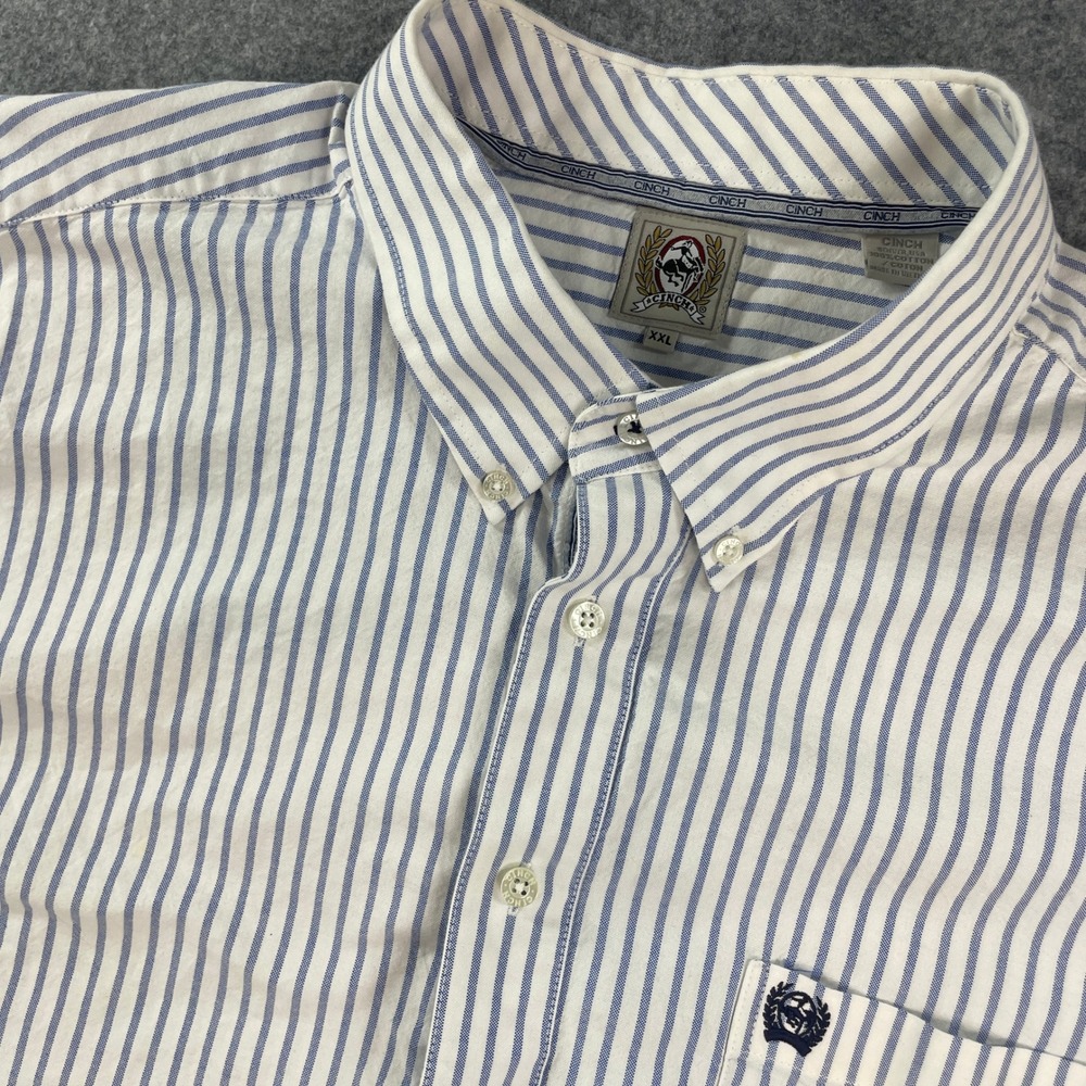 Cinch Mens Button Down Shirt XXL White with Blue Stripes Striped Long Sleeve